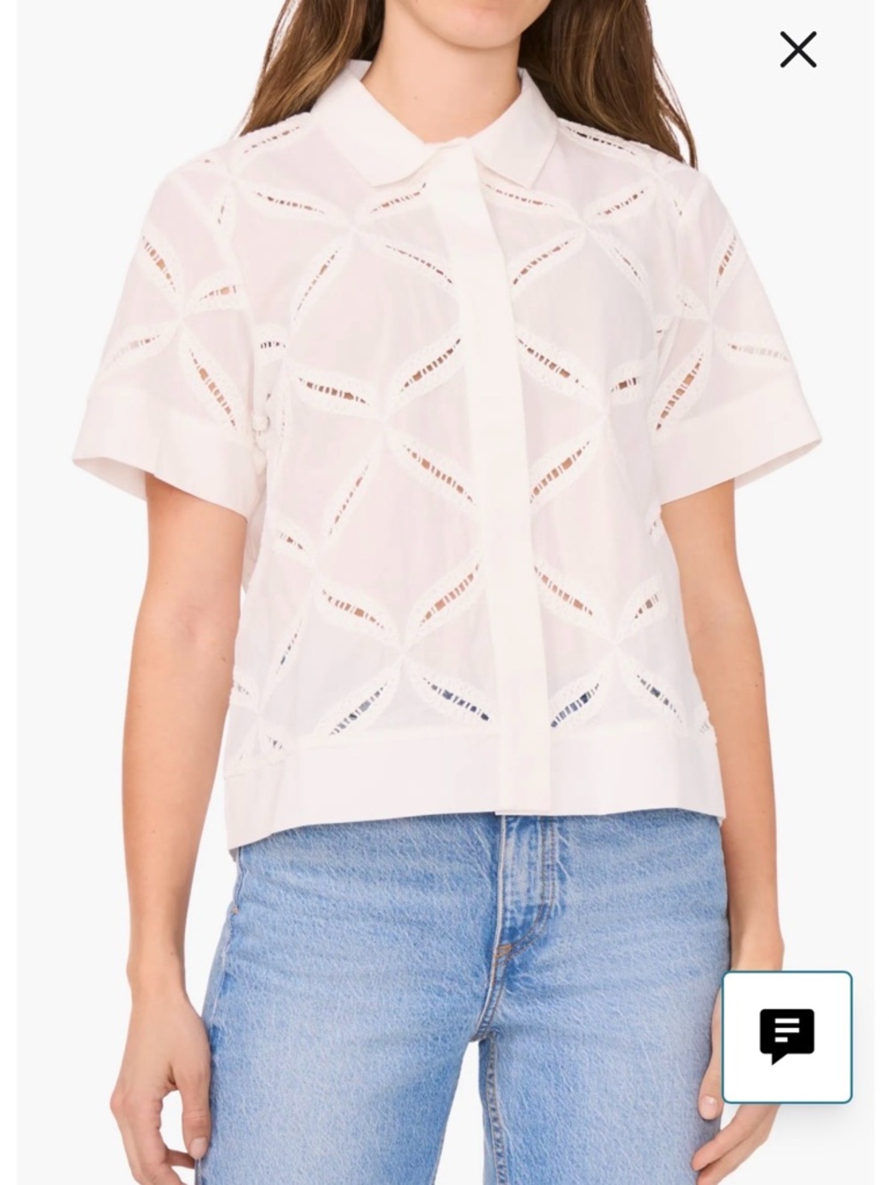 Halogen White Short-Sleeve Eyelet Button-Down Top 100% Cotton - Size Medium